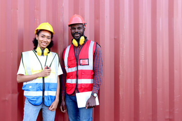 Portrait of two happy smiling industrial African engineer worker man and woman wearing safety vest...