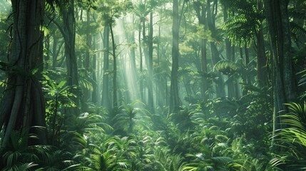 Tropical dense forest and environmental technology. Wide angle visual for banners or advertisements. Generative AI