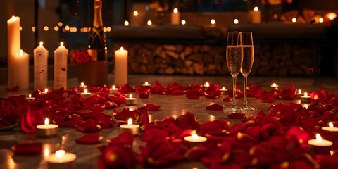 candles and roses on a table with lights for decoration red roses and candles on a table with bokeh background.