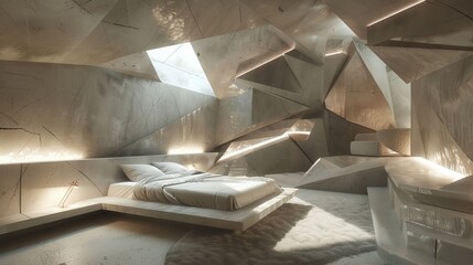 A bedroom with an innovative structure, integrating futuristic and minimalistic design principles. Geometry and abstract forms blend to create a unique, sophisticated space.