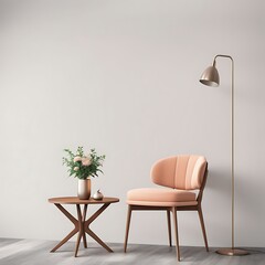  Peach fuzz trend color year 2024 in the luxury Livingroom. Painted mockup gray wall for art, peach apricot beige pastel chair color. Modern room design interior home. Accent premium lounge. 3d render