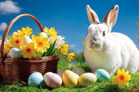 Holiday Greetings. Vibrant Easter bunny scene; suitable for marketing materials, themed events, and seasonal campaigns