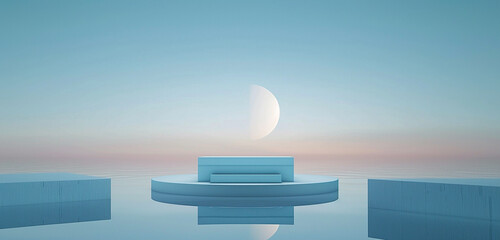 Obraz premium Dawn-inspired 3D podium backdrop, from deep to light blue for calm displays.