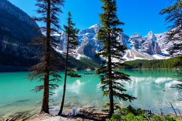 View of Valley of the Ten Peaks moraine lake with blue sky, Banff National Park, Alberta, Canada