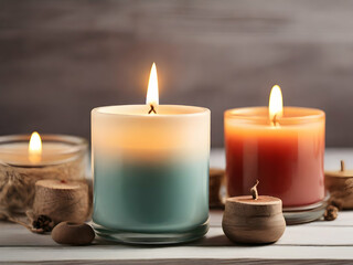 Fototapeta na wymiar three burning candles on a dark background Ai generative 