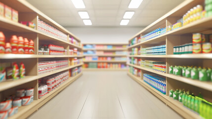 Consumerism shopping business concept, Shopping shelves in supermarkets and department stores, diverse assortment of products, sale, Blurred image background