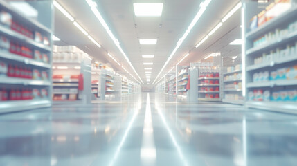 Consumerism shopping business concept, Shopping shelves in supermarkets and department stores, diverse assortment of products, sale, Blurred image background