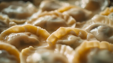 A macro image displaying the savory textures and intricate details of freshly prepared ravioli pasta with a dusting of flour - Powered by Adobe