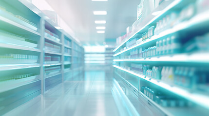 Consumerism shopping business concept, Shopping shelves in supermarkets and department stores, diverse assortment of products, sale, Blurred image background