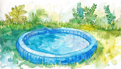 A blue pool with green grass in the background