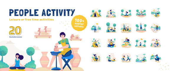 Vector illustration set of people activity during leisure or free time