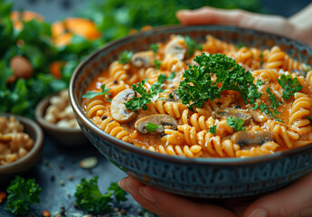 Close up of human hand holding plate with vegan pasta