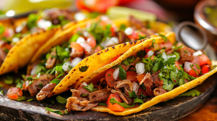 A deliciously styled plate of beef tacos with vibrant garnishes and grilled tortillas on a wooden table