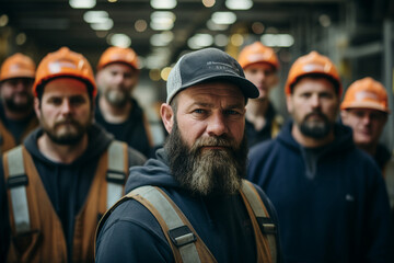 Fototapeta premium Generative AI picture Portrait of construction worker wearing a protective safety uniform clothes helmet at big building