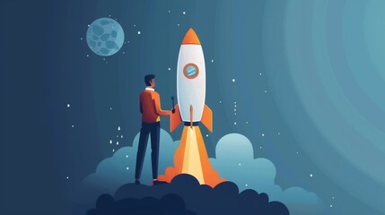  Businessman with Startup Rocket Launch Symbol 