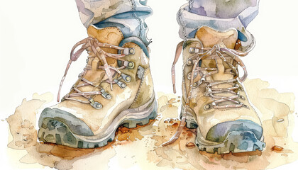 The painting of a pair of hiking boots on a sandy beach