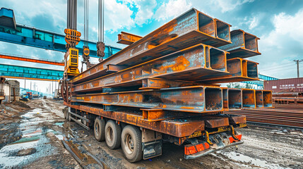 Steel Factory Industry, Stacked Steel Beams Close-up, Crane Transporting Steel.
