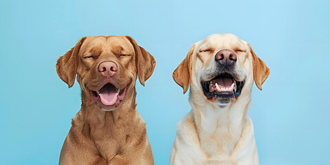 two dogs, labrador retriever and labrador on blue background