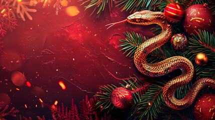 Obraz premium red greeting Happy New year card with Christmas tree and snake, copy space