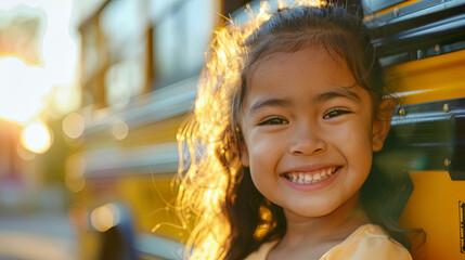 Sweet little Hispanic girl outdoors with curly hair near yellow school bus