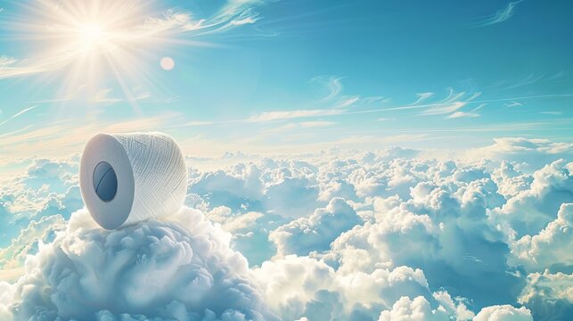 roll of toilet paper in white clouds, blue sunny sky background