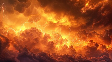 Powerful lightning storm with dark clouds and orange light. Dramatic storm warning weather background banner.