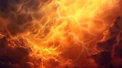 Powerful lightning storm with dark clouds and orange light. Dramatic storm warning weather background banner.
