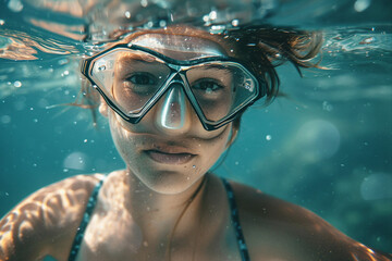 Naklejka premium Underwater swimming created with generative ai person enjoys summer pleasant water swimming diving