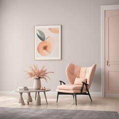  Peach fuzz trend color year 2024 in the luxury Livingroom. Painted mockup gray wall for art, peach apricot beige pastel chair color. Modern room design interior home. Accent premium lounge. 3d render