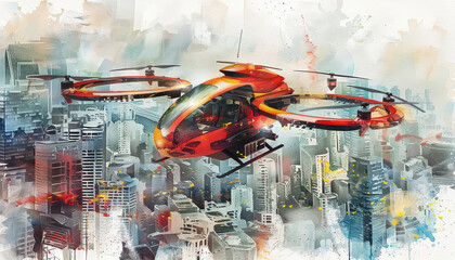 A red and yellow helicopter is flying over a city