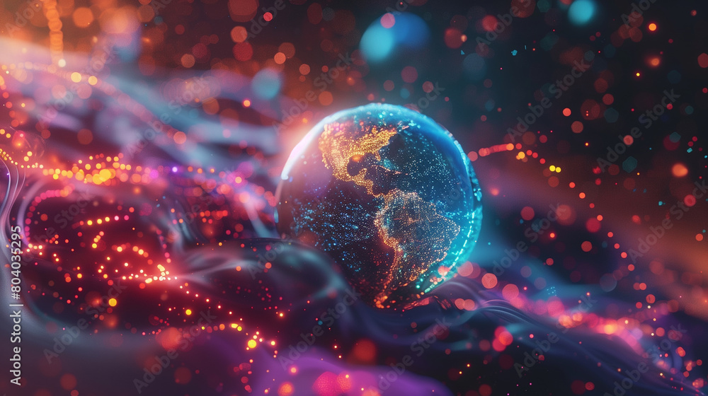 Poster a small globe suspended in digital space. the world, illuminated by pulsating light streams, symboli