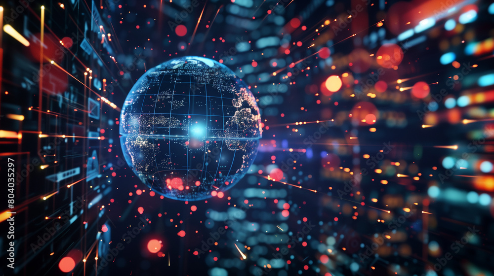 Poster a small globe suspended in digital space. the world, illuminated by pulsating light streams, symboli