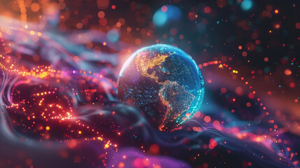 a small globe suspended in digital space. The world, illuminated by pulsating light streams, symbolizes connectivity and exploration.