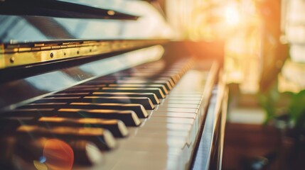 Close up of piano keys with warm sunlight in the background