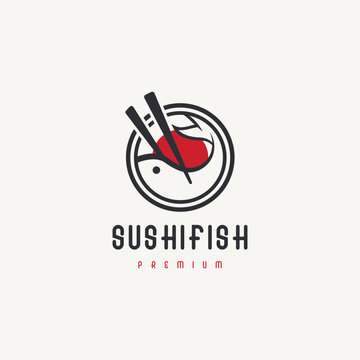 Sushi fish logo design with bowl and chopsticks