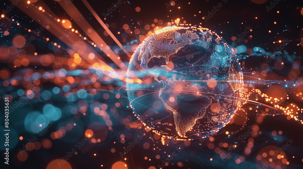 Poster a small globe suspended in digital space. the world, illuminated by pulsating light streams, symboli