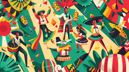 Collage of happy Mexican people with sombrero maracas