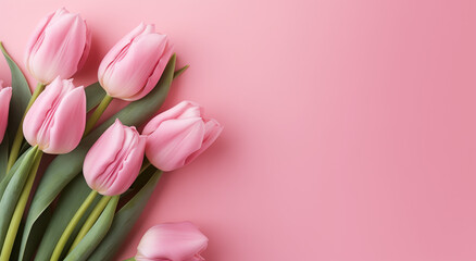 Obraz premium Pink tulips on pink background. Studio floral composition, banner with copy space for greeting cards, invitations, and Mother's Day themes.