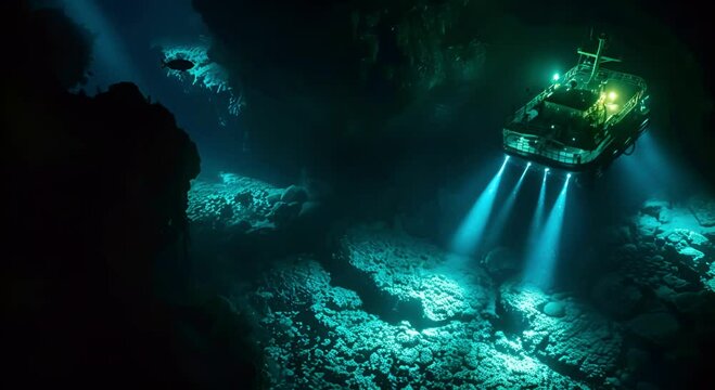 The research ship descends into the darkness of the seabed, many aquatic creatures