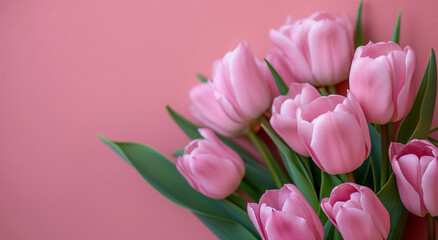 Fototapeta premium Pink tulips on pink background. Studio floral composition, banner with copy space for greeting cards, invitations, and Mother's Day themes.