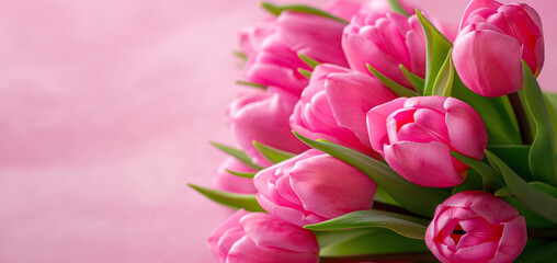 Obraz premium Pink tulips on pink background. Studio floral composition, banner with copy space for greeting cards, invitations, and Mother's Day themes.