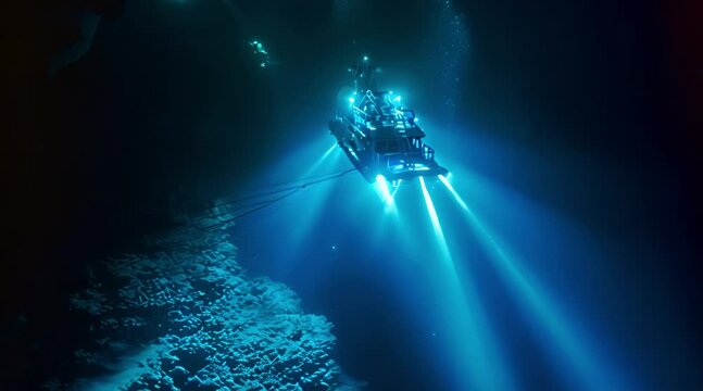 The research ship descends into the darkness of the seabed, many aquatic creatures