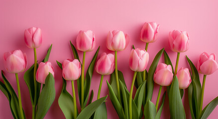 Pink tulips on pink background. Studio floral composition, banner with copy space for greeting cards, invitations, and Mother's Day themes.