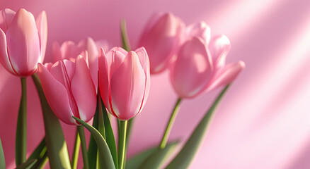 Pink tulips on pink background. Studio floral composition, banner with copy space for greeting cards, invitations, and Mother's Day themes.
