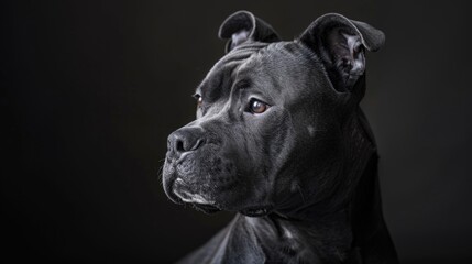 Close up of a dog with a black background. Suitable for pet care or animal themed designs