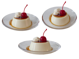 pudding with cherry on top isolated on transparent background several point of view