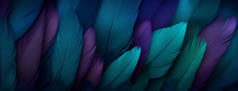 Close-up of vibrant, iridescent bird feathers. Image for textile, wallpaper, and fashion prints. Macro view with copy space.