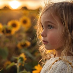 Close-up of a young girl with a contemplative gaze among sunflowers during a serene sunset. A little girl lost in thought amid a field of towering sunflowers at sunset. AIG50