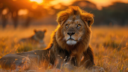 Masai lion and cub rest in grass at sunset, Felidae, carnivores with golden fur