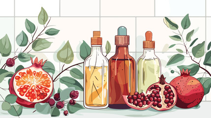 Composition with bottles of essential oil pomegranat